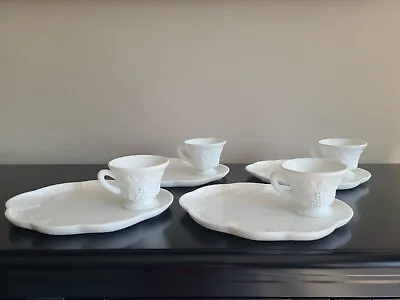 Vintage Milk Glass Snack Plate With Cups Indiana Glass Colony Harvest Set Of 4 • $24.95