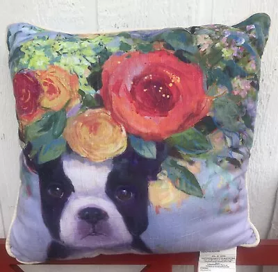 Dogs In Bloom Boston Terrier 18 Inch Accent Throw Pillow Floral Adorable! Tags. • $25
