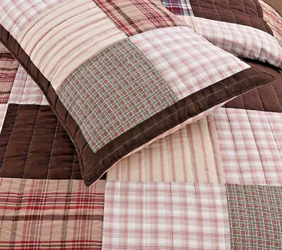 Country Brown Plaid Quilt Set : Farmhouse Red Patch 100% Cotton Stripe Cabin • $104.45