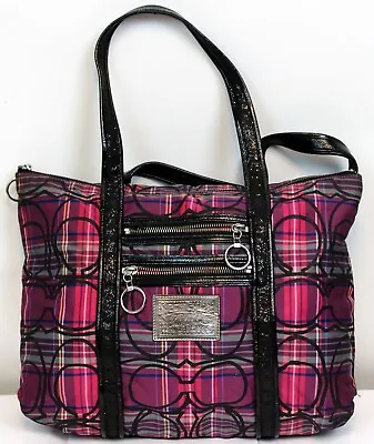 Coach Poppy Tartan Plaid Tote Shoulder Bag Black Purple Glitter Leather Pockets • $85