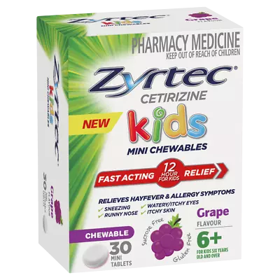 Zyrtec Kids Mini Chewables 30 Mini Tablets - Grape Flavour Relieves Hayfever • $42.04