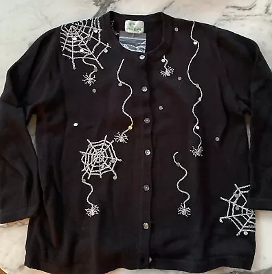 Black Quacker Factory Large Cardigan Sweater Bling Spider Cobweb Halloween • $39.95