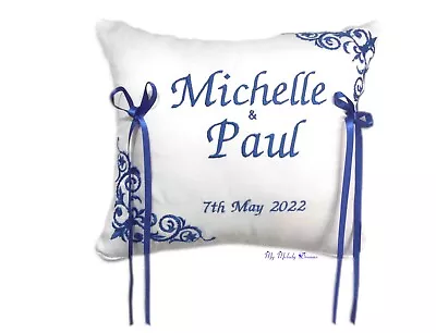 Beautiful Personalised Wedding Ring Bearer Cushion Pillow Blue White Any Name   • £25