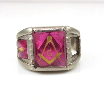 Heavy Vintage Solid 10K White Gold Red Ruby Masonic Lodge Mason Ring Size 9.5 • $363.02