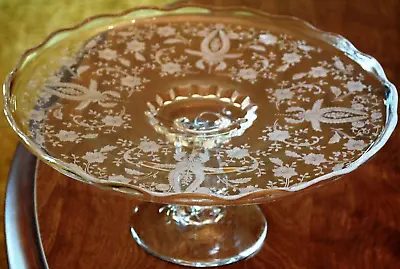 Vintage Viking PRELUDE Needle Etched Glass CAKE STAND PLATTER W RUM WELL 11.25  • $48.99
