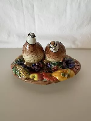 Fitz And Floyd Classics Autumn Bounty Quail Salt&Pepper Shakers On Leaf Tray EUC • $29.99