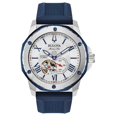 Bulova Man Watch Marine Star Automatic White Open Heart Silicone Strap 98A225 • $593.96