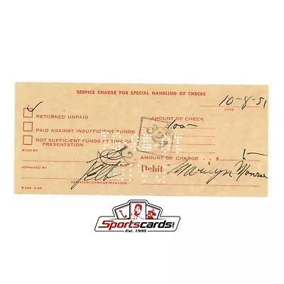 Marilyn Monroe Bank Issue Service Charge Receipt Dated 10-8-51 • $124.99