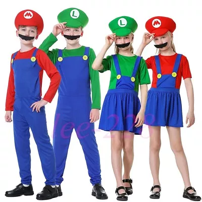 Super Mario Bros Luigi Cosplay Costume Kids Boys Girls Fancy Dress Outfit Sets~ • $16.79