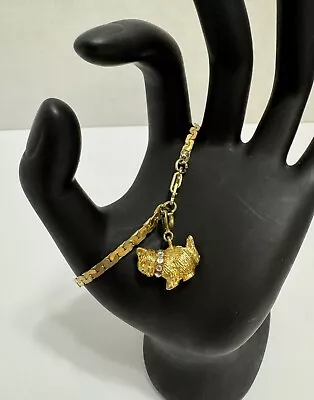 Vintage 14K Gold Plated 7 Inch Bracelet With Cat Charm Rhinestone Collar Korea • $30