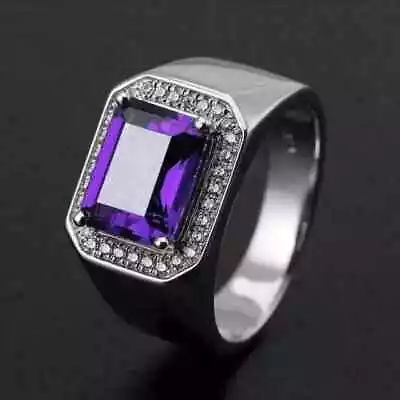 Lab Created Amethyst 14K White Gold Plated Men's Engagement Ring 2Ct Emerald Cut • $103.99