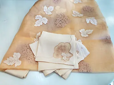 NEW VINTAGE Madeira Organdy Hydrangea PEACH Tablecloth & 6 Napkins 43X43 • $149