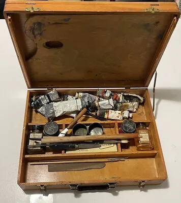 Vintage Wooden Artist Painters Box Travel Case Paints & Supplies As Is • $100