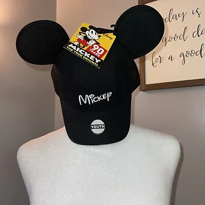 Disney Youth Mickey Waltograph Font Black Cap Hat With Mouse Ears Snap Back NWT • $9.99