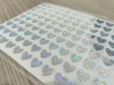 Silver - 1 X Sheet Peel Off Holographic Waterproof Love Heart Stickers 8 X 7 Mm • £2.40