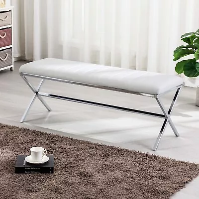 Dining Bench With Metal Base Upholstered Bedroom Bench Modern Faux Leather Bench • $94.99
