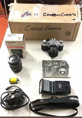 VTG Canon AE-1 28mm 135mm Lens Camera Instructions Vivitar 3500 Flash Strap • £135.11