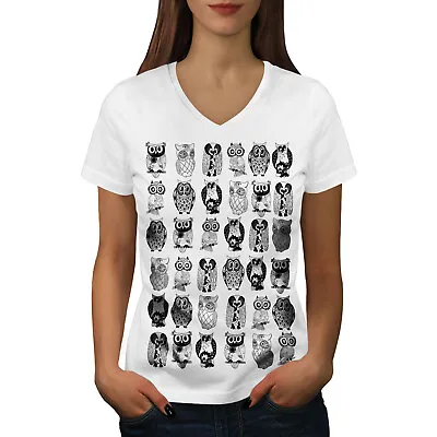 Wellcoda Multiple Owl Funny Womens V-Neck T-shirt Bird Graphic Design Tee • £17.99