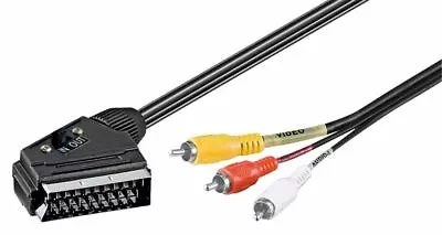 2.0m SCART Cable To RED WHITE YELLOW 3 TRIPLE RCA PHONO Audio Video TV AV Lead • £3.98