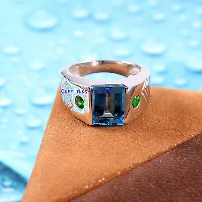 Natural Blue Topaz & Tsavorite Gemstone With 925 Sterling Silver Ring For Men #4 • $99.75