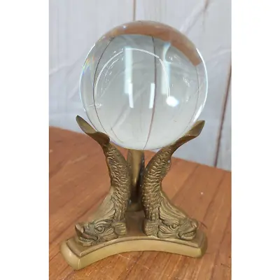 Vintage Clear Crystal Ball Glass Sphere On Brass Triple Koi Fish Stand 7.5  Tall • $79.99