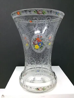 Vintage Etched & Hand Painted Floral 7 3/4  Glass Vase • $59.99