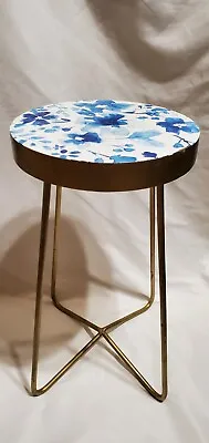 Iron Metal Side Table Planter Stool Blue Flowers Top MCM Style Made In Mexico • $134.68