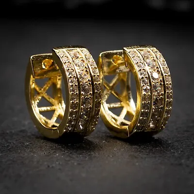 Men's Iced Cz Pointer Thick Gold Plated 925 Sterling Silver Huggie Hoop Earrings • $18.99