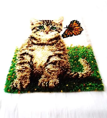 Vintage Latch Hook Rug Cat W/ Butterfly Wall Hanging Tapestry Completed 27 X20  • $32.50