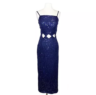 Vintage 90s Y2K XS SCALA Beaded Formal Dress Purple Sequin Diamond Cut Out Gown • $97.49