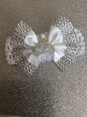 Baby Girls Bling Romany Style White Bow With Crown Headband 0/24 Months. • £2.99