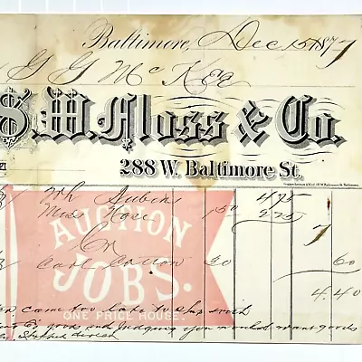 1877 S W Moss & Co Auction Jobs One Price House Billhead Baltimore MD • $32.24