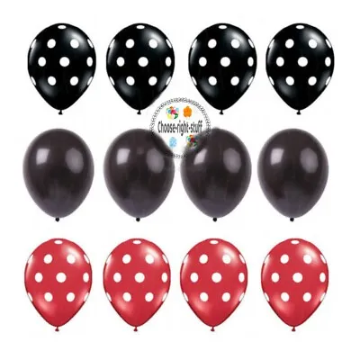 12  Red  Black Plain & Polka Dot Balloons Lady Bird Theme Birthday Party Baloon • £2.49