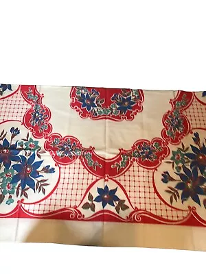 Vintage 1950's Red Ivory Blue  Green Floral Print Cotton Tablecloth - 50x45 • $25.49