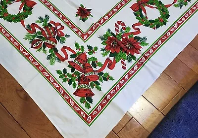 Christmas Vtg Holiday MCM Bridge Tablecloth 64x50  Holly Wreath Ornaments  Linen • $28.50