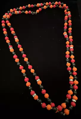 Unique Vintage Black Red Orange Bead Long Necklace 50” • $18