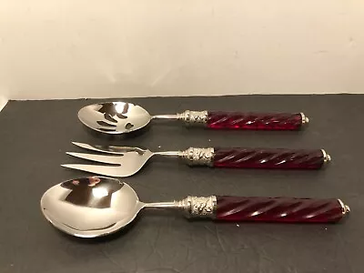 Lenox Holiday Festive 3 Piece Flatware 12” Serving Set Jewel Red Spiral Handles • $24.99