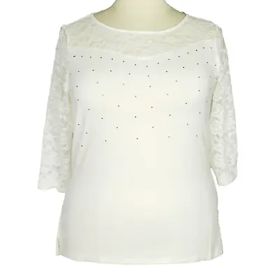 NWT Essentials By Milano Ivory Plus Size 1X Knit Top Blouse Lace Studs Stretch • $26.13