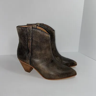 Fry And Co Maley Pull Tab Distressed Pointed Toe Brown Ankle Boot 2.5 Heel Sz7M • $32