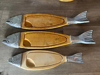 3 Vintage Wood & Metal Aluminum Salmon Fish Cutting/Serving Board The Cellar • $180