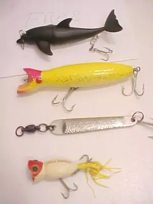 MIXED  LOT OF 4 / FISHING LURES    /   1 Free  1 Wood  1 Hopkins  1 Hula Popper • $9.34