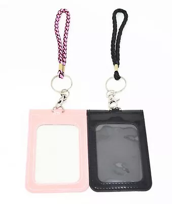 Pocket Vertical PU Leather ID Badge Holder Wallet + Braided Wristlet Black Pink • $4.99