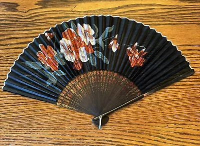 Vintage Wood And Fabric Hand Fan 8” Hand Painted Flower Scene • $11.69