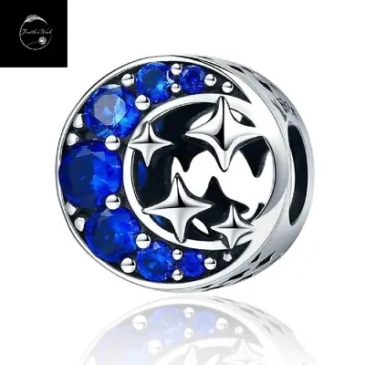 Genuine 925 Sterling Silver Moon And Star Bead Charm With Blue Cubic Zirconia • £16.99