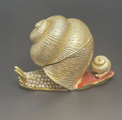 Gold Snail Trinket Box Metal Enameled Magnetic Closure Bejeweled Crystals • $30