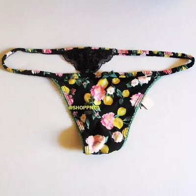 VICTORIA'S SECRET Satin Lace V-String Thong Panty Size M Black Lemon NWT • $13.95