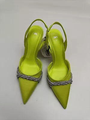 BNWOB Ladies Zara Neon Yellow Satin Slingback Shoes Heels Sz 4 37 Diamanté Court • £21