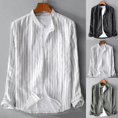 Men Long Sleeve Retro Striped Shirt Grandad Collar Casual Shirts Top Plus Tee UK • £14.95