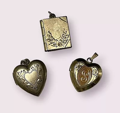 Lovely 3 Pc Antique Art Deco Gold Filled Engraved Heart Book Locket Pendant Lot • $39.99