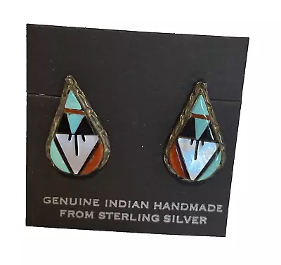 Zuni Multi Stone Inlay Earrings Sterling Silver Handmade Southwestern Teardrop • $35